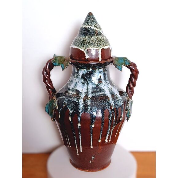 Vintage 1982 Signed Sunshine Pottery Hand Thrown Drip Glazed w Lid Amphora Urn - Picture 1 of 14